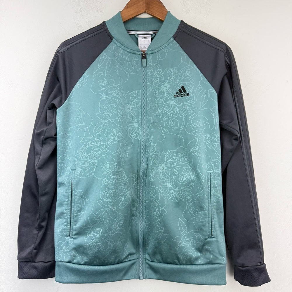 Adidas size Medium Women’s Teal Green Embossed Floral Full Zip Track Jacket